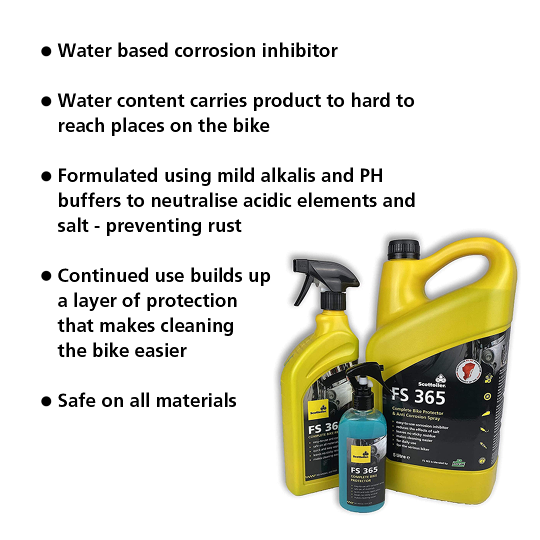 Scottoiler FS 365 Complete Bike Protector is a water-based formula that neutralises salt to prevent rust and corrosion