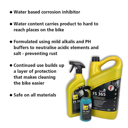 Scottoiler FS 365 Complete Bike Protector is a water-based formula that neutralises salt to prevent rust and corrosion