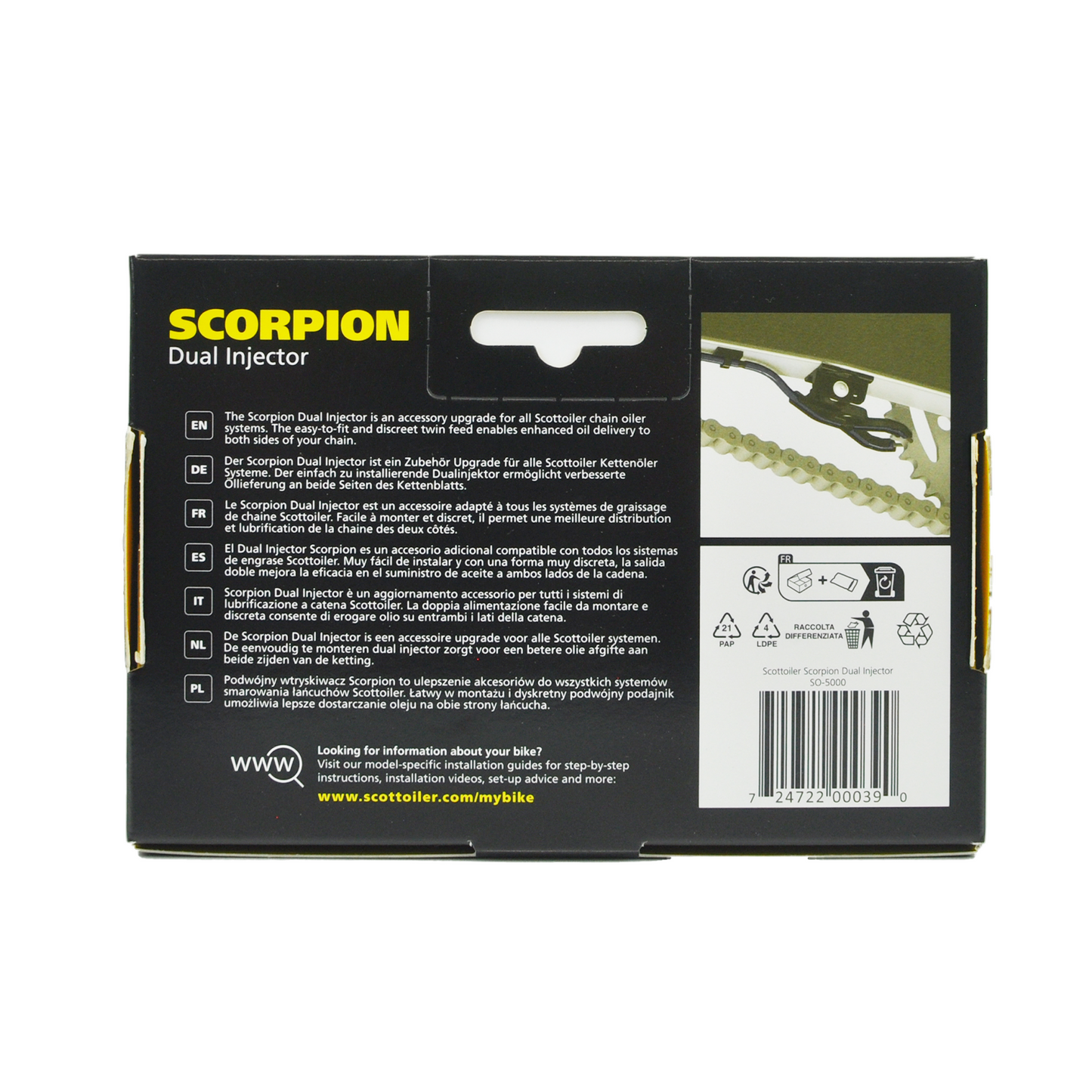 Scottoiler The Scorpion Dual Injector enhances oil delivery and lubrication to both sides of the chain and sprocket.
