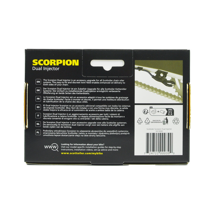 Scottoiler The Scorpion Dual Injector enhances oil delivery and lubrication to both sides of the chain and sprocket.