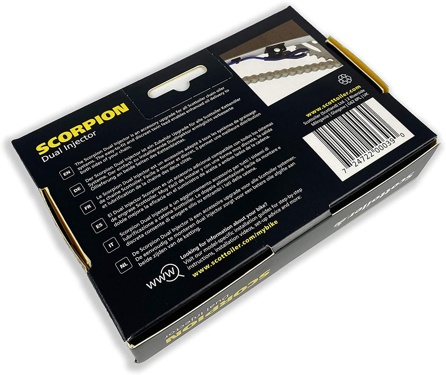 Scottoiler The Scorpion Dual Injector enhances oil delivery and lubrication to both sides of the chain and sprocket.