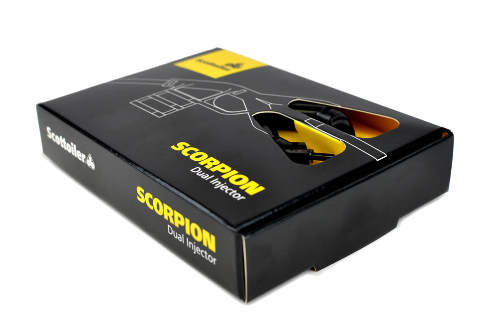 Scottoiler The Scorpion Dual Injector enhances oil delivery and lubrication to both sides of the chain and sprocket.